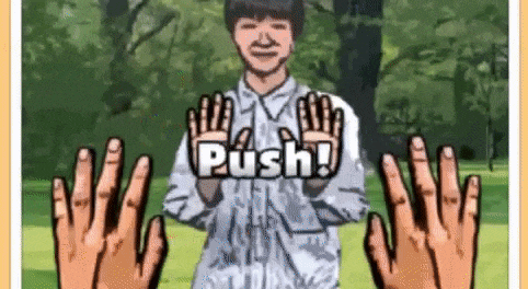 a cartoon of a man holding up his hands with the words `` push '' written on it .