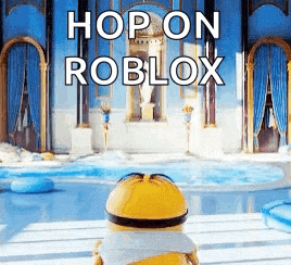 a minion is standing in front of a pool in a room with the words `` hop on roblox '' written on the bottom .