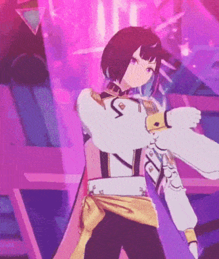 a 3d anime character is dancing on a stage in a purple and pink background .