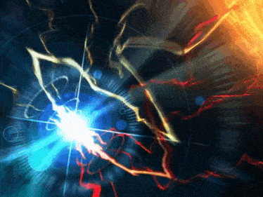 a painting of a blue and red lightning strike