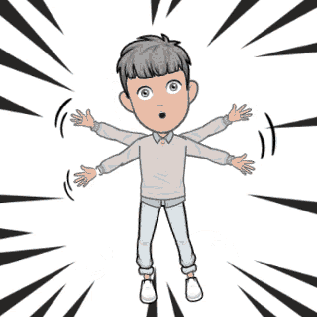 a cartoon of a boy standing in front of a soccer ball with his arms outstretched