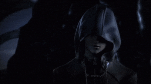 a person wearing a hooded jacket with a glowing eye