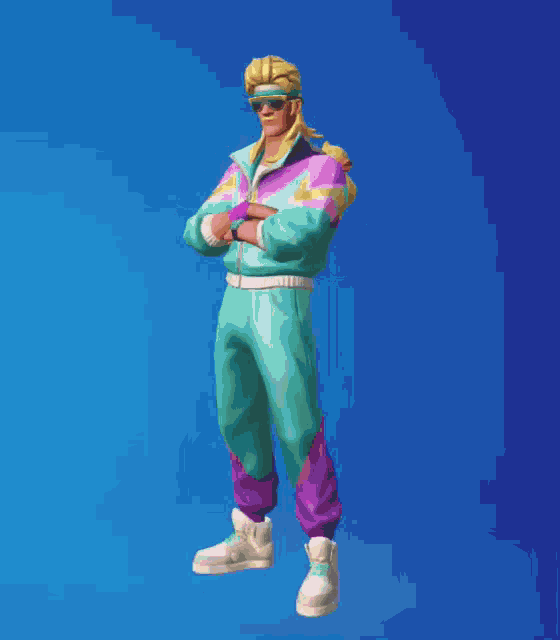 a man wearing a colorful suit and sunglasses is standing on a blue background