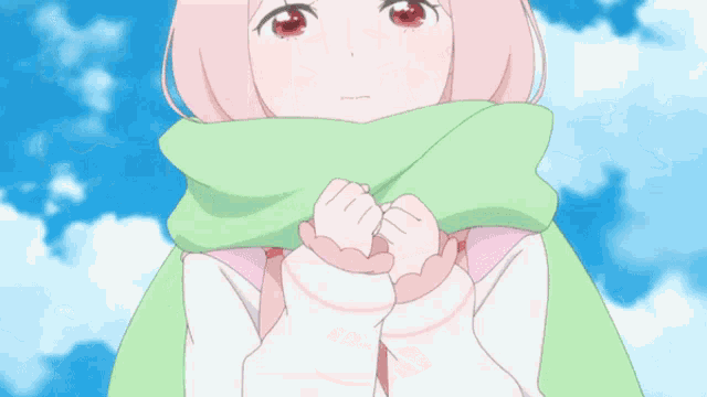 a girl with pink hair and red eyes wearing a green scarf