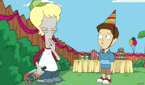 a cartoon of a man smoking a cigarette and a boy wearing a party hat holding a bottle of jack daniels