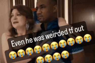 a picture of a man and a woman with a caption that says even he was weirded tf out