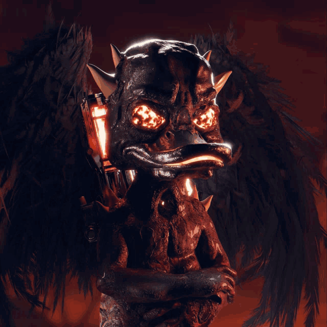 a devil with horns and wings holding a gun