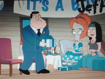 a cartoon of a man holding a gift in front of a sign that says it 's a boy