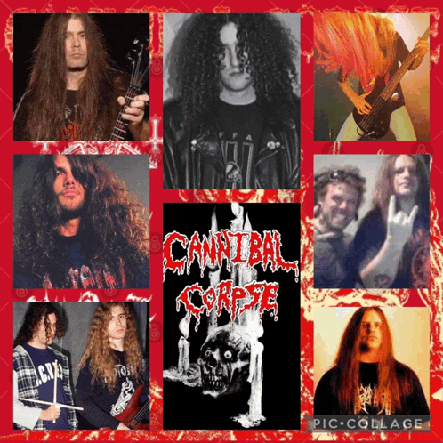 a collage of cannibal corpse 's members with a skull in the middle
