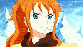 nami from one piece is smoking a cigarette and has a scarf around her neck .