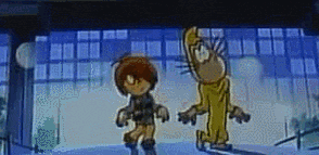 two cartoon characters are standing next to each other in front of a window .