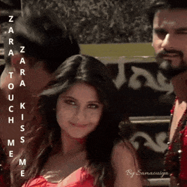 a woman in a red top is standing next to a man with the words zara touch kiss meme written on the bottom