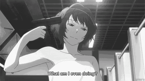 a black and white image of a girl with the words " what am i even doing "