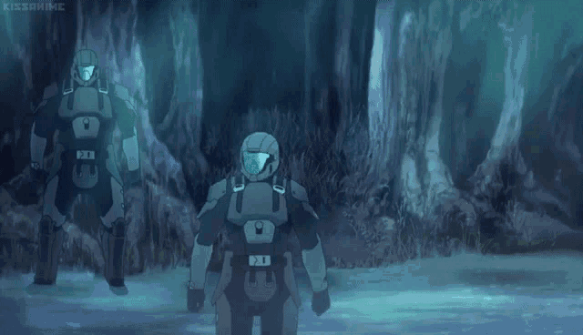 a group of soldiers are walking through a forest with the word kissanime on the bottom right
