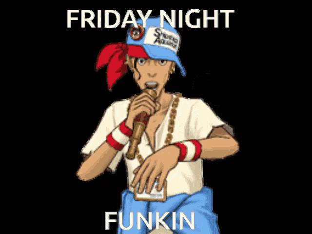 a cartoon character is singing into a microphone with the words friday night funkin below him