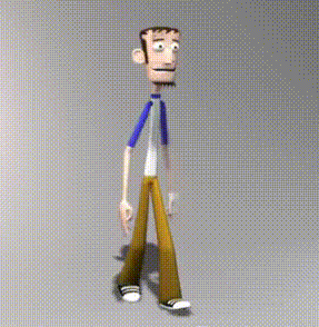 a cartoon character with very long legs is standing on a gray surface