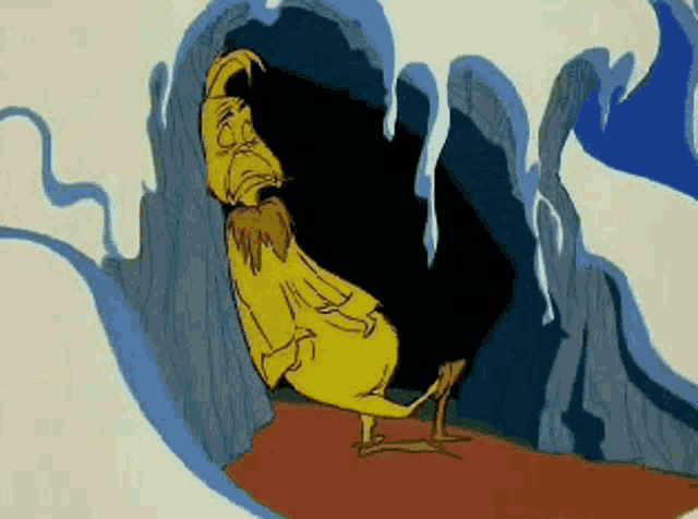 a cartoon character is standing in a cave in the snow .