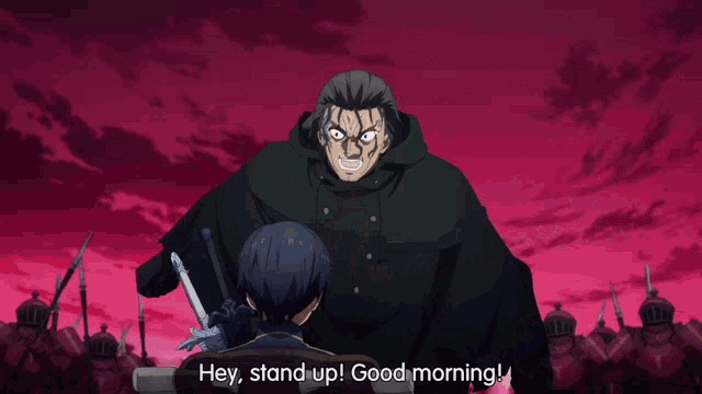 a man in a wheelchair is holding a sword and says " hey stand up good morning "