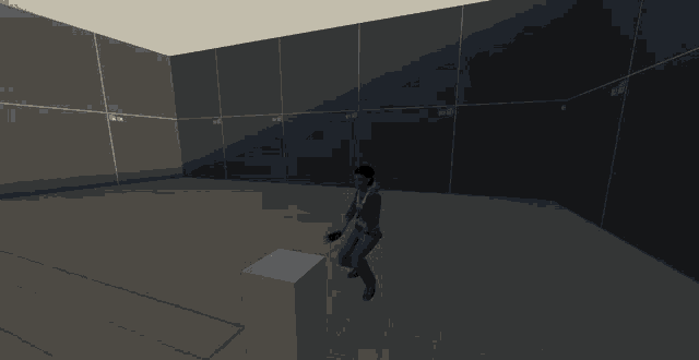 a computer generated image of a person sitting on a cube in a dark room