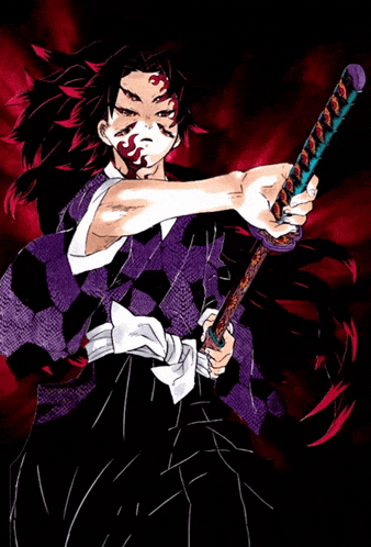 a man in a purple kimono is holding a sword in his right hand