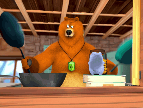 a cartoon bear with a necklace that says a on it