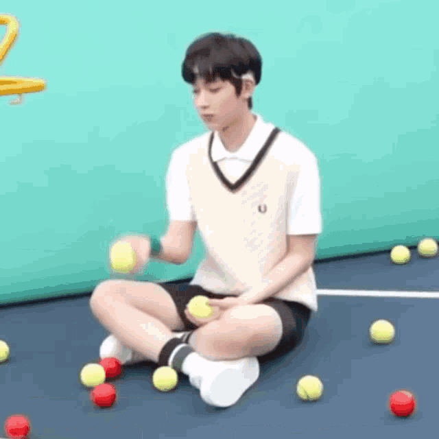 a boy is sitting on the floor surrounded by tennis balls .