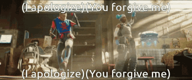 a man and a woman are dancing in a room with the words " lapologize you forgive me "