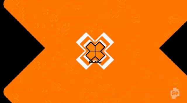 an orange and white play logo on an orange and white geometric background