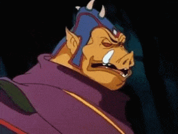 a cartoon character with horns on his head and a purple cloak