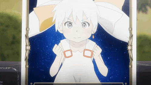 a picture of a little girl in a white dress with a blue background
