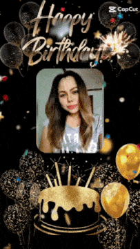 a picture of a woman surrounded by balloons and says happy birthday