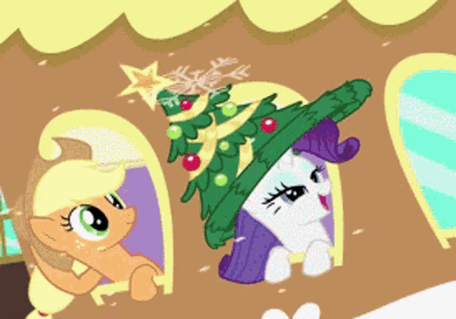 applejack and rarity are looking out of a window with a christmas tree on their hats