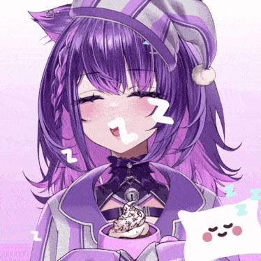 a girl with purple hair is sleeping with a cup of ice cream