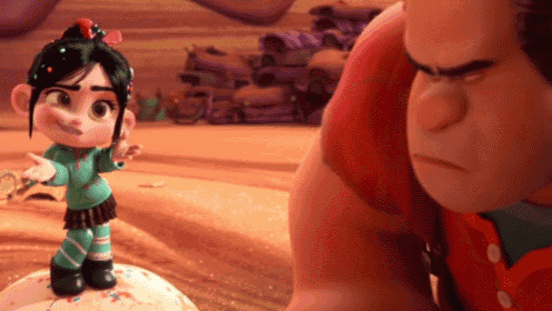 a cartoon character is standing next to a cartoon character from the movie wreck it ralph .