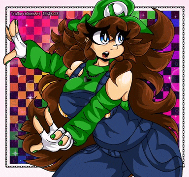 a drawing of a girl dressed as luigi from super mario