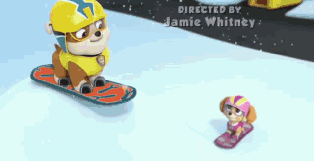 a cartoon dog is riding a snowboard next to another dog .