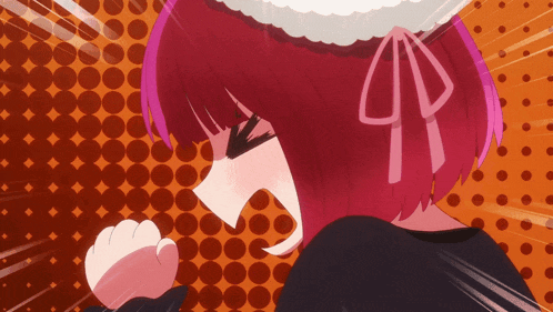 a cartoon girl with red hair and a white bow on her head