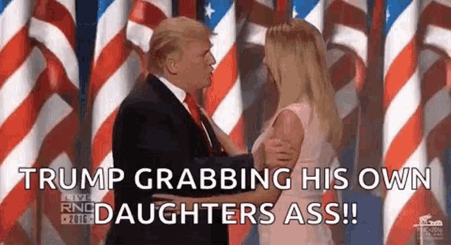 donald trump is kissing his daughter on the cheek while standing in front of an american flag .