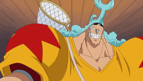 franky from one piece is wearing a yellow shirt and holding a fishing net