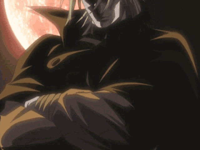 a cartoon character stands in front of a full moon with his arms crossed