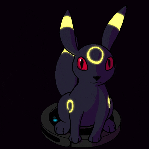 a cartoon drawing of a black rabbit with red eyes and yellow tail