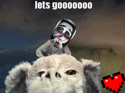a pixelated image of a person riding on the back of a white dog with the words lets gooooooo written below them