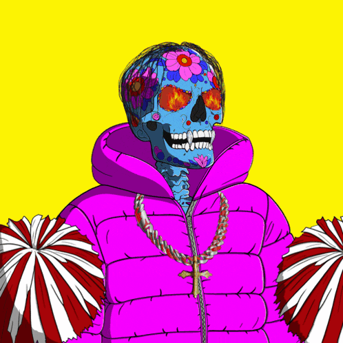 a cartoon of a skeleton wearing a pink jacket and cheerleader pom poms