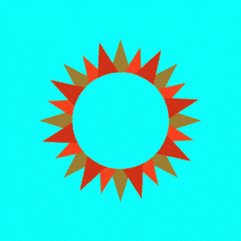 a blue background with a red and orange sun