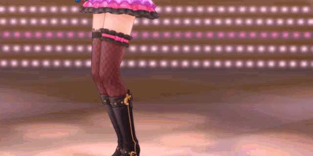 a girl in a pink dress and black boots is standing on a stage in front of a wall of lights .