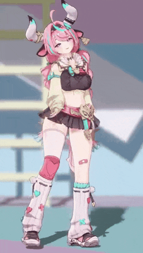 a girl with pink hair and horns is standing on a blue background