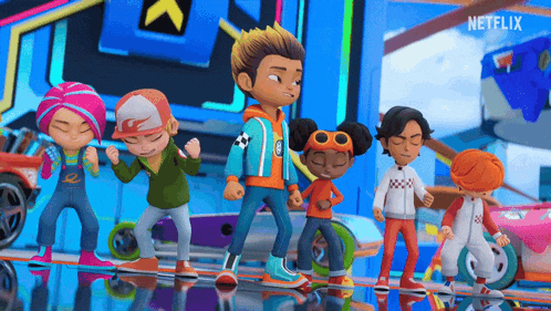 a group of cartoon characters are standing next to each other on a stage in front of a netflix logo .
