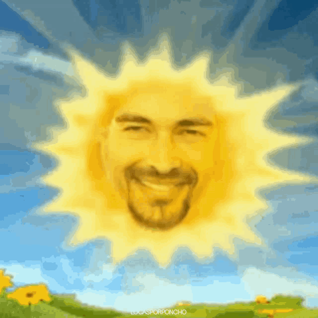 a man with a beard is smiling as the sun shines brightly