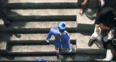 a video game character with blue hair is walking down a set of stairs