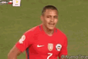 a soccer player wearing a red shirt with the number 7 on it is laughing with another player .